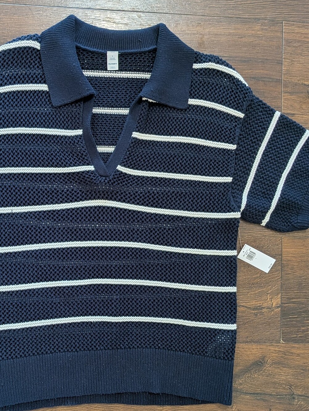 Old Navy Large Navy White Striped Short Sleeve Knit Polo Sweater NWT